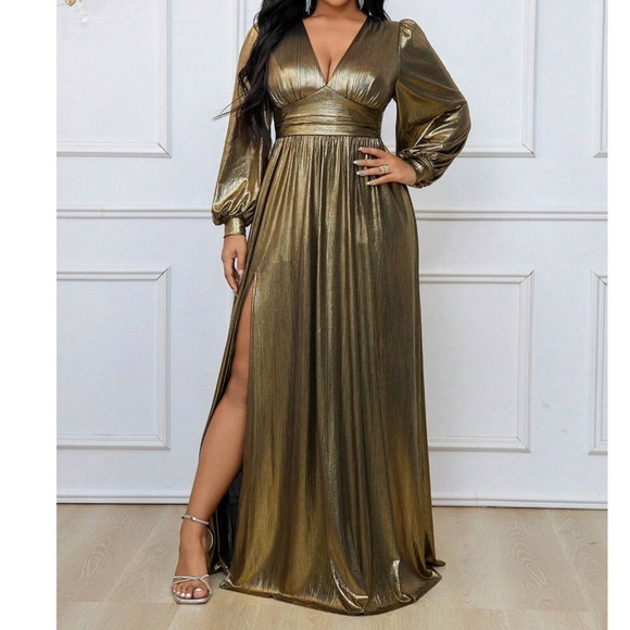 Plus Plunging Neckline High Waisted Split Thigh Wedding Party Formal Dress - Picture 1 of 9